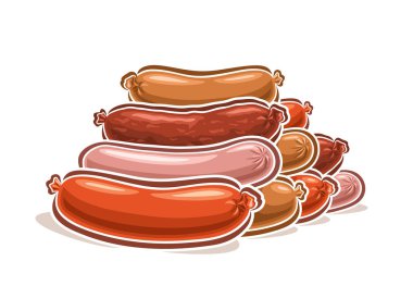 Taze sosisler için vektör logosu, çizgi film tasarımlı yatay poster çiğ doğal sosis kompozisyonu, çeşitli çiftçi sosisleri olan dekoratif tabela beyaz arka planda hala hayat var.