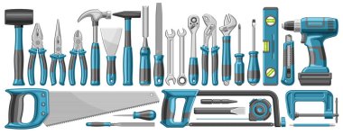 Donanım Araçları vektör seti, kesilen resimlerden oluşan bir grup yatay afiş farklı kauçuk ve çelik donanım araçları, beyaz arkaplanda donanım dükkanı için çeşitli araçların koleksiyonu