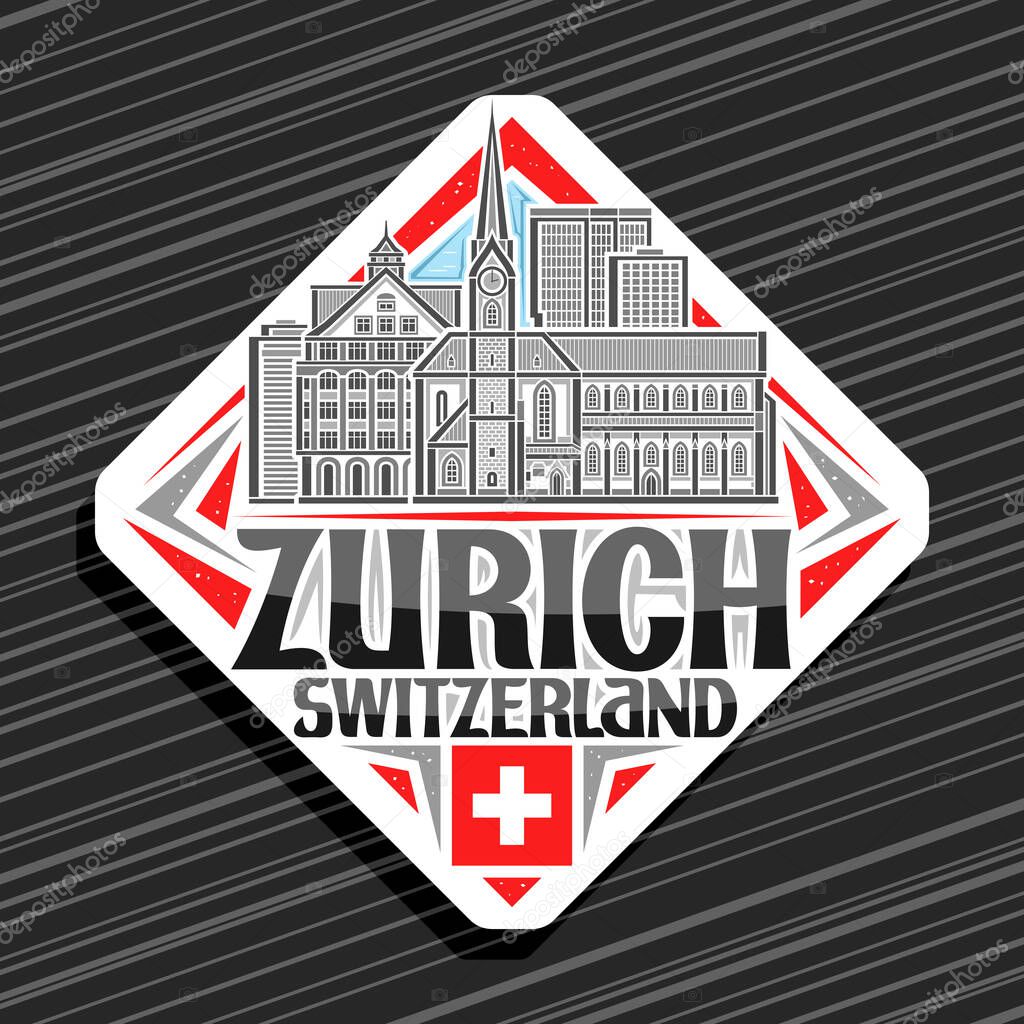 Vector logo for Zurich, white decorative rhomb road sign with outline illustration of zurich city scape, art design refrigerator magnet with unique brush lettering for black words zurich, switzerland