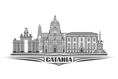 Catania 'nın vektör illüstrasyonu, doğrusal tasarımı olan tek renkli yatay kart katania şehir manzarası, beyaz arkaplanda siyah metin katanisi için dekoratif harflerle kentsel çizgi sanat konsepti