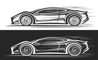 Orta-motorlu Super Car için vektör logosu, hareket halindeki konsept süper araba konseptini gösteren tek renkli otomotiv afişi, siyah beyaz arka planda gelecekten gelen spor süper araba çizimi