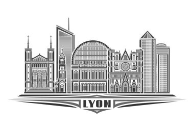 Lyon 'un vektör illüstrasyonu, doğrusal tasarımı olan tek renkli yatay kart ünlü tarihi Lyon şehir manzarası, beyaz arkaplanda siyah metin için dekoratif harflerle dekoratif sanat konsepti