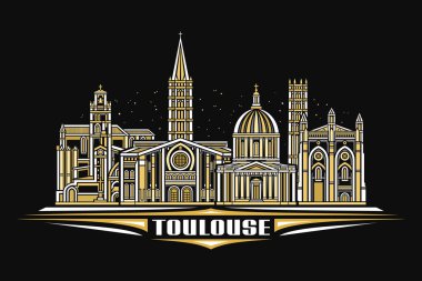 Toulouse 'un vektör illüstrasyonu, doğrusal tasarımı olan karanlık yatay kart gece gökyüzü arka planında ünlü toulouse şehir manzarası, metin toulouse için eşsiz fırça harfleriyle kentsel çizgi sanat kavramı