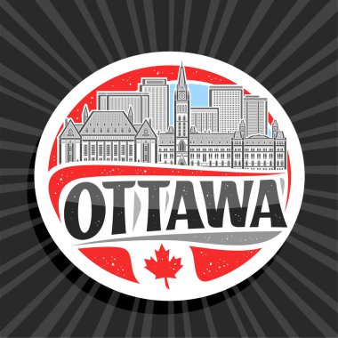 Ottawa için vektör logosu, Ottawa için beyaz kesim kağıt etiket, gökyüzü arka planında ünlü ottawa şehir manzarasının taslağı, sanat tasarımı buzdolabı mıknatısı, siyah metin ottawa için eşsiz fırça harfleri.