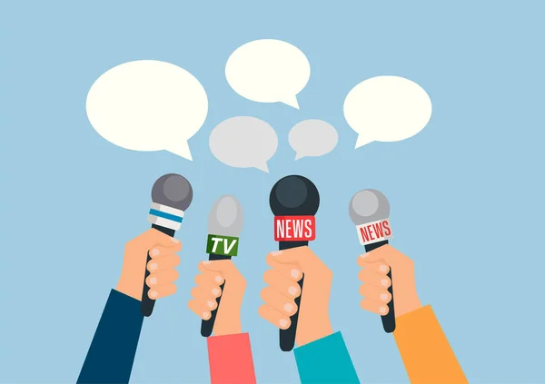 Microfones Nas Mãos Repórteres Conferência Imprensa Entrevista — Vetor de Stock