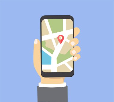 Çevrimiçi şehir haritası, cep telefonu ekranında GPS uygulaması. Konum işareti, işaretleyici ile seyahat için navigasyon uygulaması kullanılıyor.