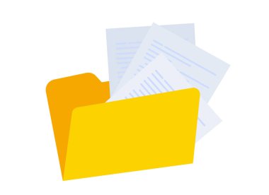 Kağıt belge simgesi olan dizin. İş belgeleri, proje, veri raporu, resmi bilgiler içeren sarı ofis dosyası.