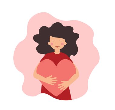 Kendini sev, vücut pozitifliği, kendine bakım konsepti. Büyük kırmızı bir kalbe sarılan kız