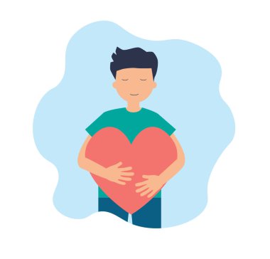 Kendini sev, vücut pozitifliği, kendine bakım konsepti. Büyük kırmızı bir kalbe sarılan adam