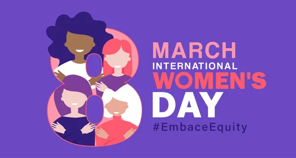 Uluslararası Kadınlar Günü Mart Eşitliği Kucakla Embraceequity Kampanyası Ayrımcılığa Basmakalıba — Stok Vektör
