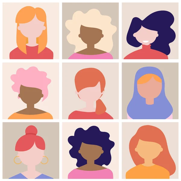 Coleção Retratos Perfil Cabeças Personagens Femininas Várias Nacionalidades Conjunto Avatares — Vetor de Stock
