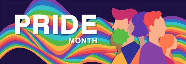 Lgbtプライド月間バナー 虹の波の形の色と人 バナー ポスター チラシ ウェブサイトの流行の背景 — ストックベクタ