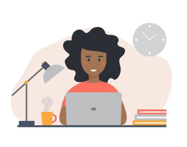 Dizüstü bilgisayarla çalışan siyah bir kadın. Ofis çalışanı, çalışan, vektör illüstrasyonu