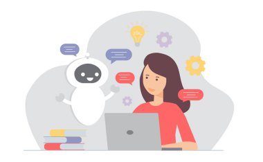 Kadın ve robot asistanı arasındaki sohbet. Teknoloji, yardım, yapay zeka, müşteri desteği konsepti, öğrenim.