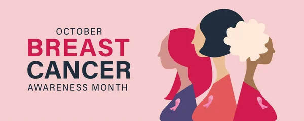 乳腺癌预防宣传月 以及不同族裔的妇女群体 胸前有粉色的支持带标志 — 图库矢量图片