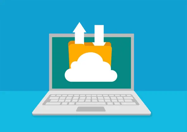 Laptop Med Sky Opbevaring Udveksling Oplysninger Cloud Datalagring Uploade Fil – Stock-vektor
