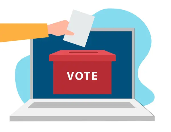 将选票放在笔记本电脑上的投票箱中的网上投票概念 免版税图库矢量图片