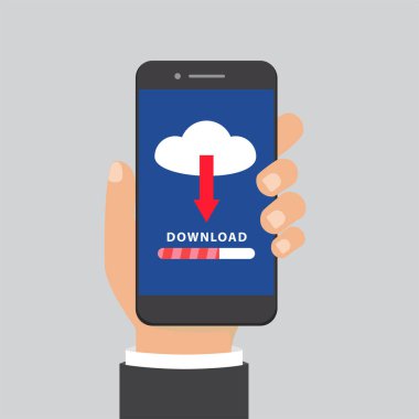 Kullanıcı telefonu tutuyor ve dosya indiriyor. İlerleme çubuğu düz vektör resimlemesi indir.