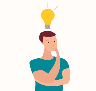 Kafasının üstünde parlak bir ampulle düşünen bir adam. Sorun çözme ve yeni bir fikir bulma