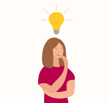 Kafasında parlak bir ampul olan düşünceli bir kadın. Sorun çözme ve yeni bir fikir bulma