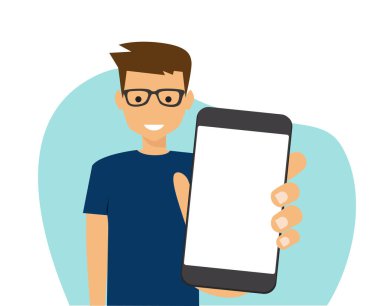 Cep telefonu tutan genç adam, boş ekran gösteriyor