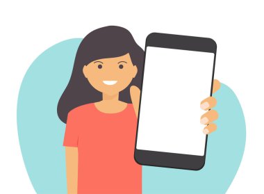 Cep telefonu tutan genç kadın, boş ekran gösteriyor