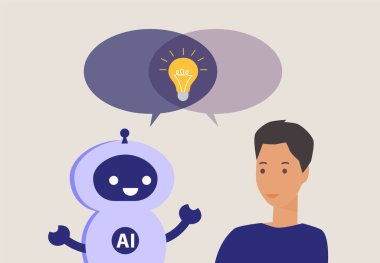 Beyin fırtınası, iş adamı ve yapay zeka. Robot asistan ve iş adamı fikirler üzerinde işbirliği yapıyor
