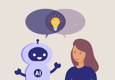 Beyin fırtınası, iş kadını ve yapay zeka. Robot asistan ve iş adamı fikirler üzerinde işbirliği yapıyor