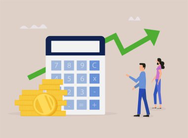 Bozuk para yığını ve ok grafiği ile hesap makinesi, mali yönetim