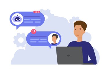 AI sohbet botu ve kullanıcı iletişim konsepti, Yapay Zeka robotundan iş tavsiyesi isteyen, insan asistanıyla sohbet eden adam..