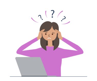 Laptop, stres ve sorun çözme kavramları üzerinde çalışan kafası karışmış ve hayal kırıklığına uğramış bir kadın.