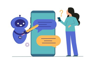Yapay zeka asistanı kullanan kadın günlük görevler için sohbet robotu, arama, cevaplama