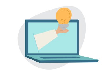 Dizüstü bilgisayarda büyük bir ampulü tutan el. Başarılı fikirler ya da yaratıcılık, yaratıcı düşünce ve ilham verici fikirler yaratmak, ticari yenilikler için motivasyon