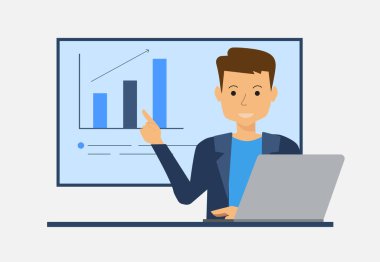 İş adamı bir sunumda performans ölçümlerini analiz ediyor. Büyüme eğilimleri ve temel göstergeler. Veri analizi, KPI raporlama ve iş performansı için Vektör İllüstrasyonu