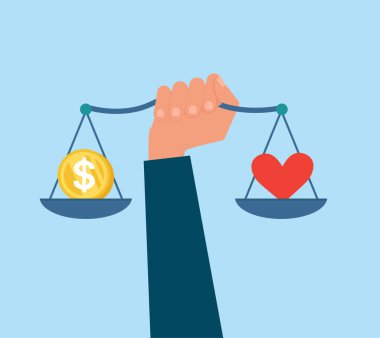 İşadamı elinde para ve tavada kırmızı kalple mekanik teraziler tutuyor.