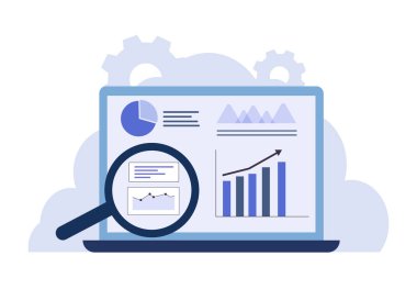 Veri analizi ve iş zekası için büyüteç, grafikler ve performans ölçüleriyle laptop ekranında veri analizi.