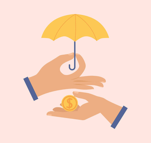 Financial Insurance, money saving. Hand with open umbrella guarding hand with coin