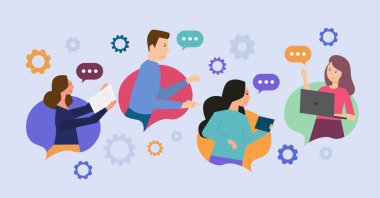 İş Görüşmeleri Konsepti. Konuşma baloncuklarıyla iletişim kuran bir grup insan.