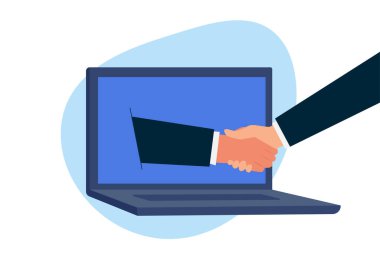 Handshaking on laptop concept. Online Communication, two business man handshake on laptop, Businesspersons shaking hands through display of a laptop