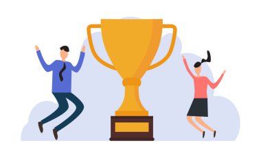 Zaferi kutlayan iki kişi arasında sergilenen altın kupa. Başarı, başarı, takım çalışması, rekabet, tanınma, ödül ve başarı konseptine uygundur