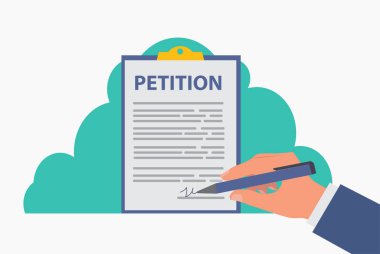 Dilekçe konsepti. Elinde pano tutan adam dilekçe kavramını yazdı.