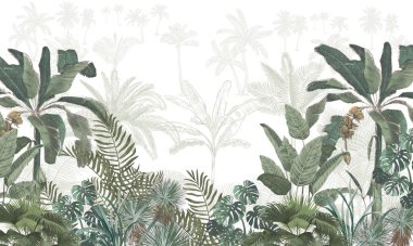 Botanik Duvarı Duvarı: Koyu Yeşil Palmiyeler ve Egzotik Yapraklar Panoramik Aksan Tasarımı