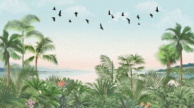Renkli Sahil Duvarı Duvarı: Egzotik Kuşlar, Palmiye Ağaçları ve Şafakta Ufuk