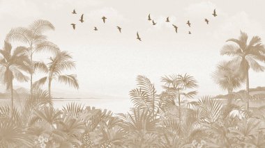 Retro Adası Duvarı: Yaşlanmış Kahverengi Palmiyeler, Okyanus ve Uçan Kuşlar Sahnesi