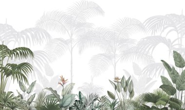 Sakin Botanik Duvarı Duvarı: Nazik Yeşil Avuçlar ve Egzotik Yapraklar Arkaplanı