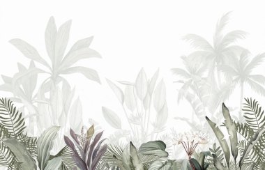 Yumuşak Botanik Duvarı Duvarı: Açık Yeşil Palmiyeler ve Egzotik Bitkiler Arkaplanı