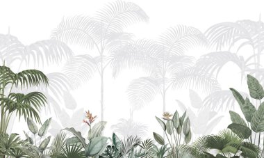 Çok Açık Yeşil Tropikal Duvar Kağıdı: İnce Palmiye Ağaçları ve Yumuşak Yapraklar Tasarımı