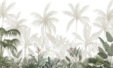 Yumuşak Botanik Duvarı Duvarı: Açık Yeşil Palmiyeler ve Egzotik Bitkiler Arkaplanı