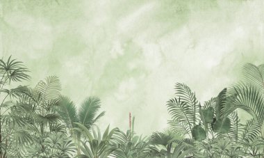 Yumuşak Yeşil Tropikal Yaprak Döküm Arkaplanı: Sönük Botanik Yazdırma