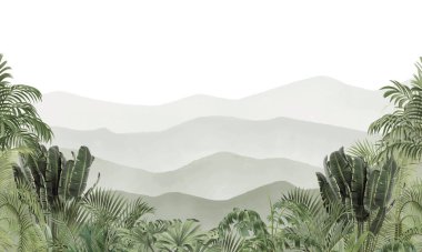 Modern Doğa Duvarı: Gri Tonlama Dağları ve Palmiye Ağaçları Sahne Arkaplanı